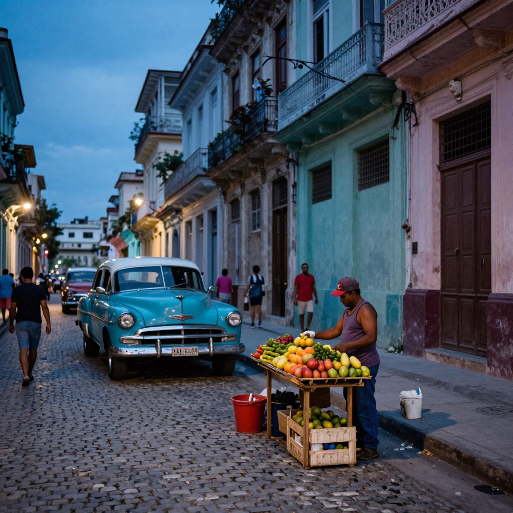 Havana Cuba Evening Street Scene with Vintage Car and Local Life in Blue Light in in Havana, Cuba