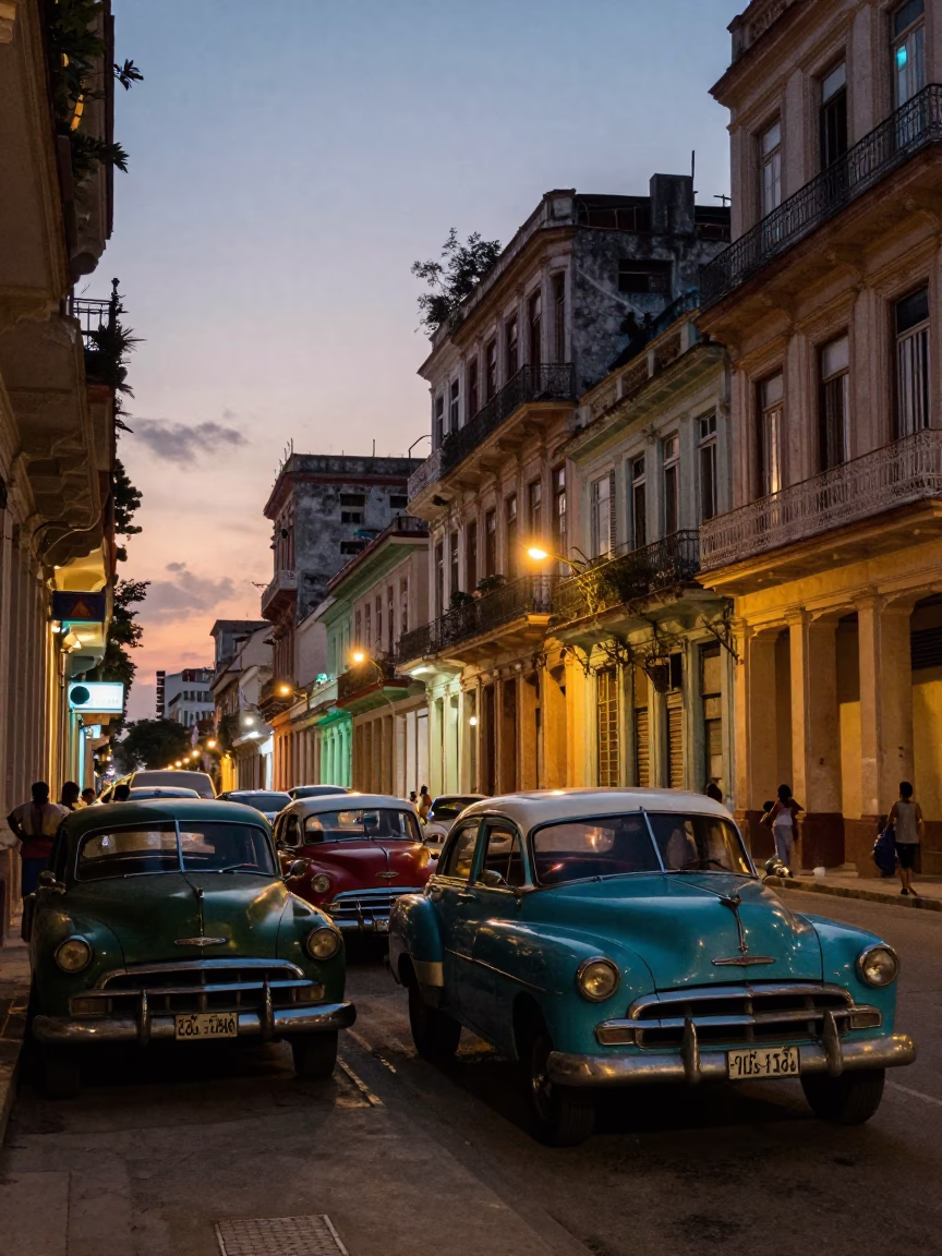Havana Cuba Evening Street Scene with Vintage Cars and Linen Curtains in in Havana, Cuba