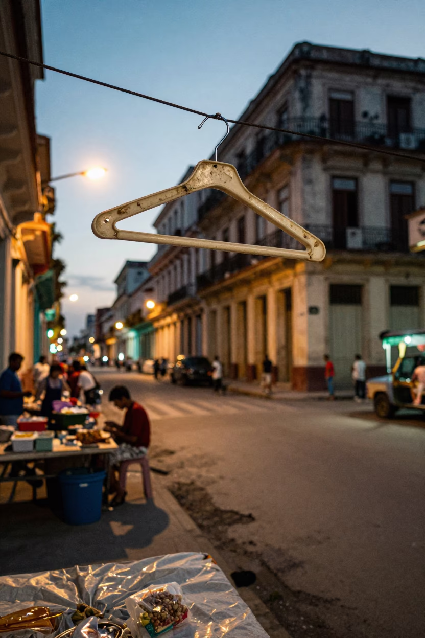 Havana Cuba Evening Street Scene with Vintage Shirt Hanger and Local Market Activity in in Havana, Cuba
