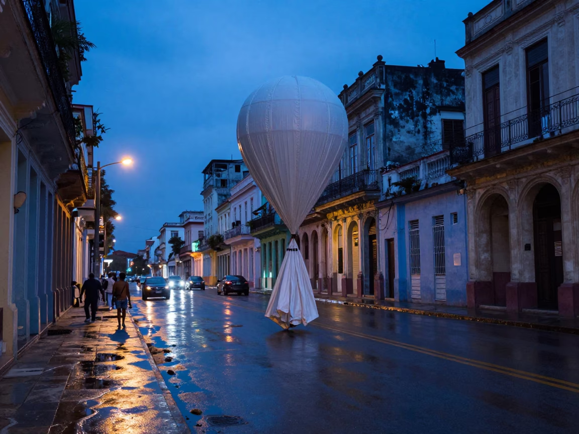 Havana Cuba Evening Street Scene with Weather Balloon Tarp and University Archway in in Havana, Cuba