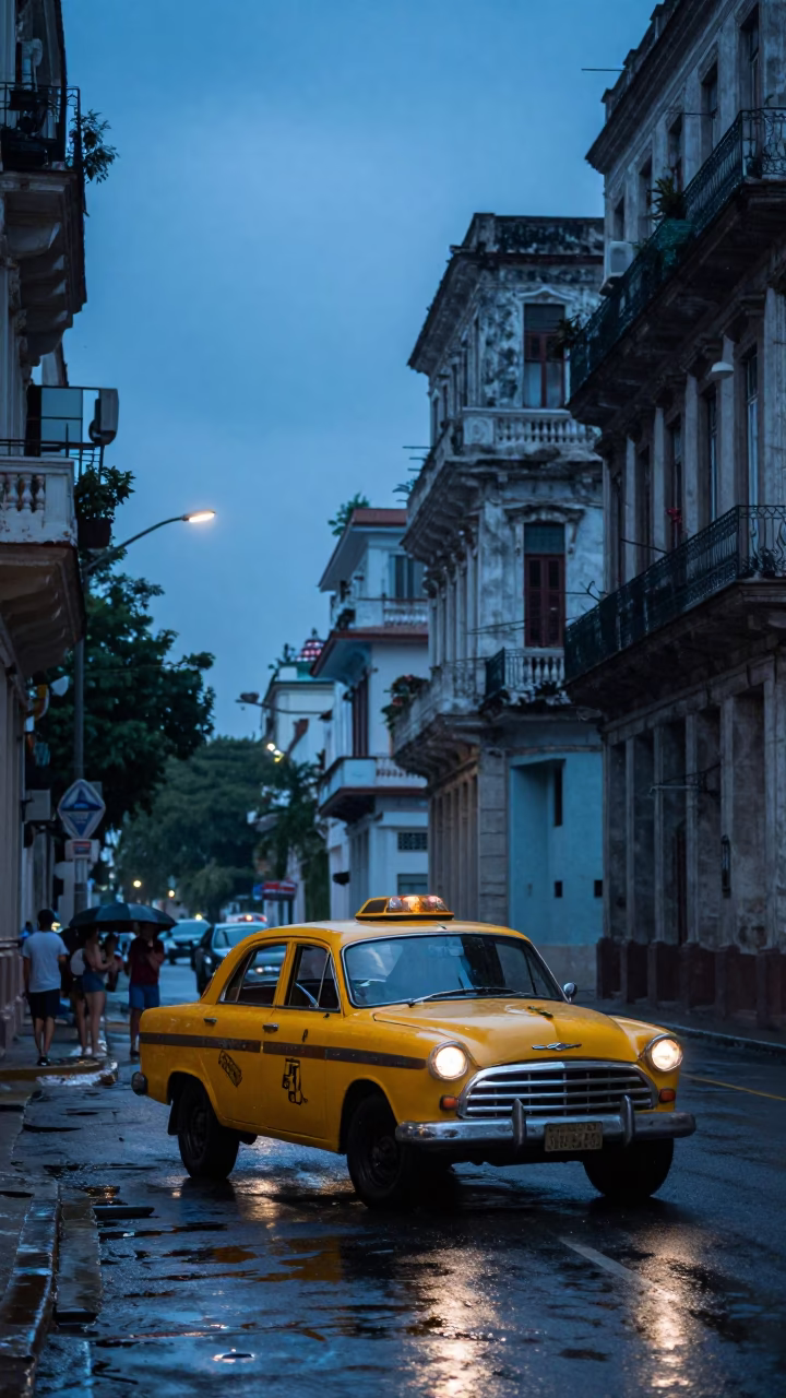 Havana Cuba Evening Street Scene with Yellow Taxi and Wet Cobblestones in in Havana, Cuba