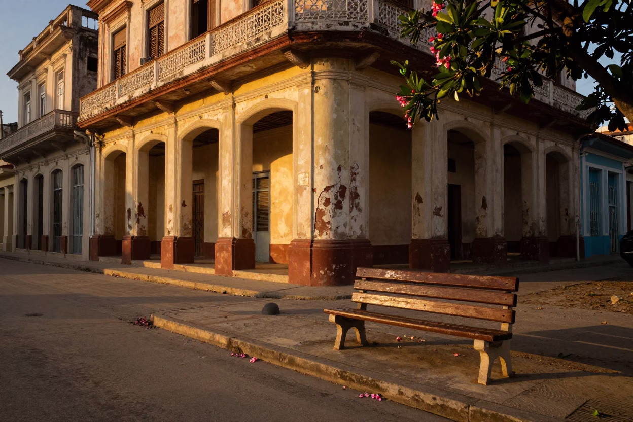 Havana Cuba Golden Hour Street Scene with Park Bench and Plumeria Petals in in Havana, Cuba