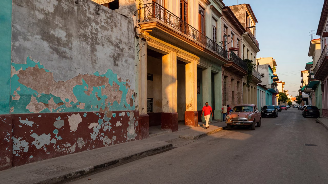 Havana Cuba Golden Hour Street Scene with Peeling Paint and Local Life in in Havana, Cuba