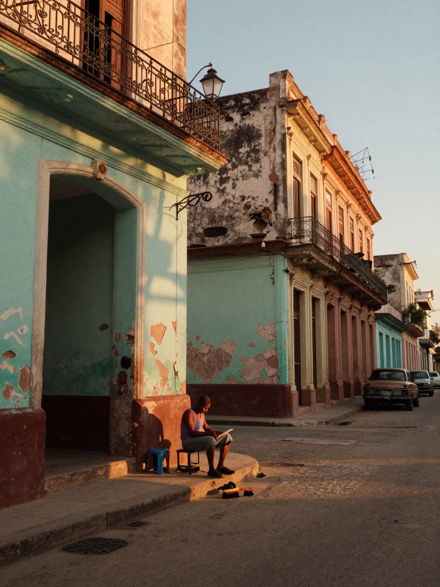 Havana Cuba Golden Hour Street Scene with Shoe Brush and Local Interaction in in Havana, Cuba