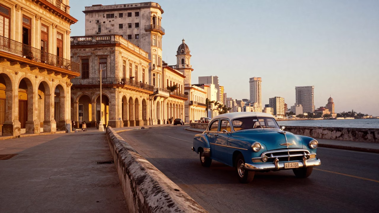 Havana Cuba Golden Hour Street Scene with Vintage Car and Colonial Architecture in in Havana, Cuba