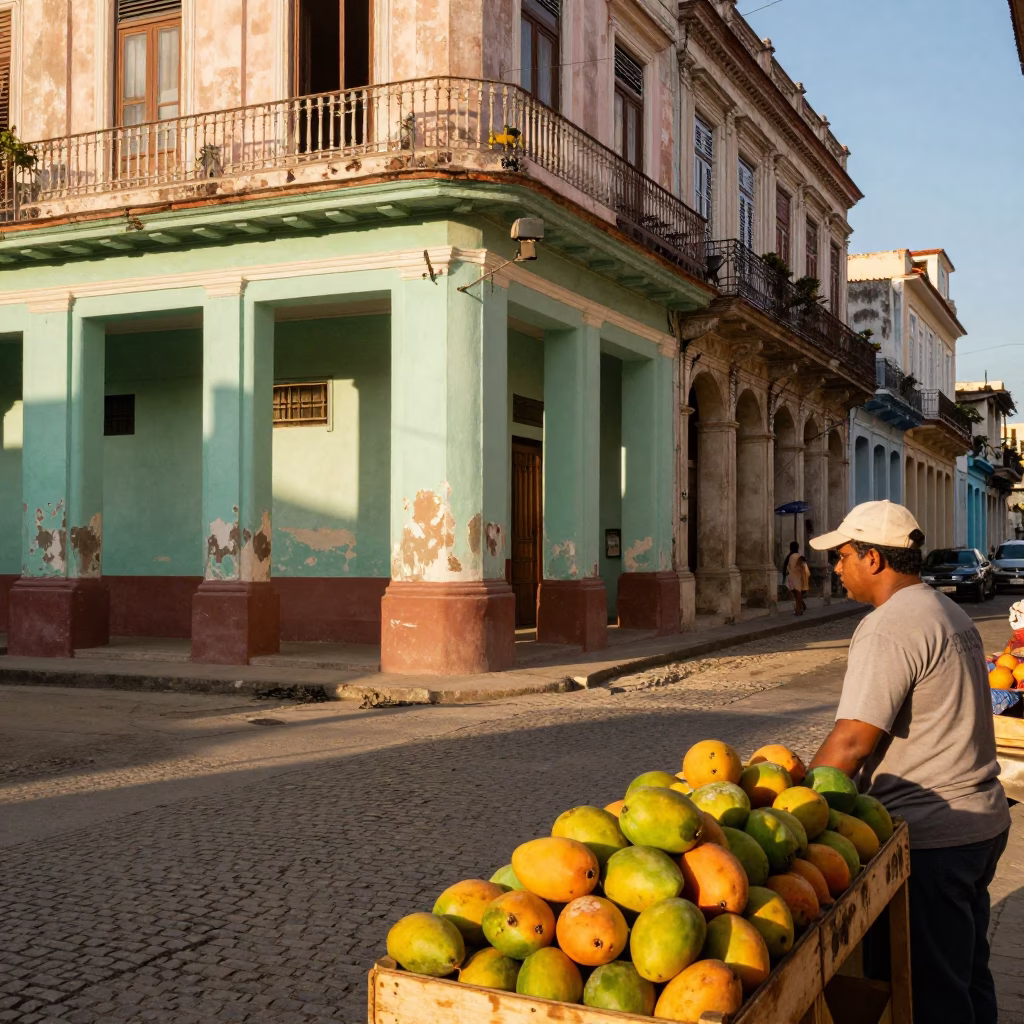 Havana Cuba Honeyed Evening Light Colorful Street Scene with Fruit Crate in in Havana, Cuba