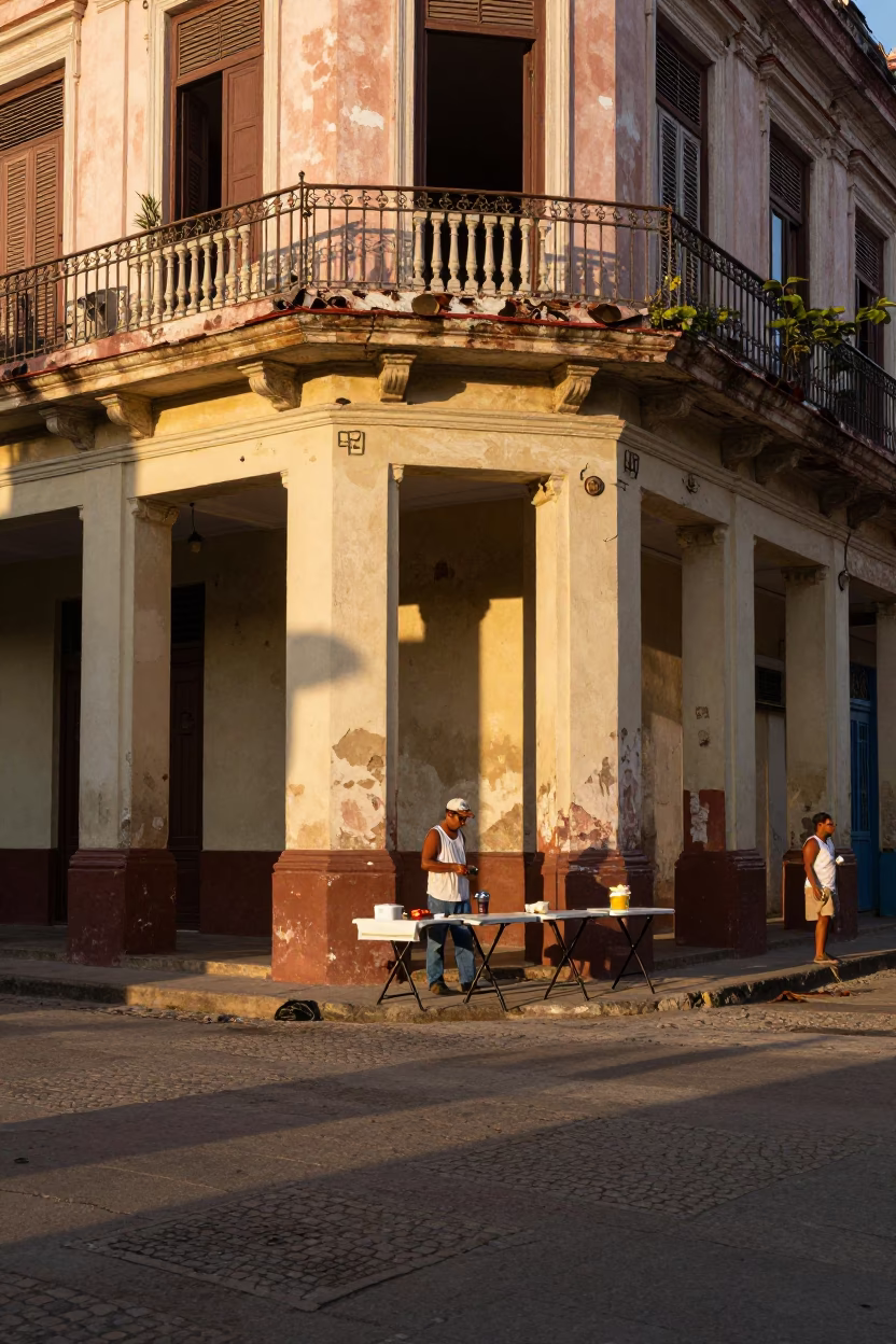 Havana Cuba Honeyed Evening Light Street Scene with Folding Tables and Toolbox in in Havana, Cuba