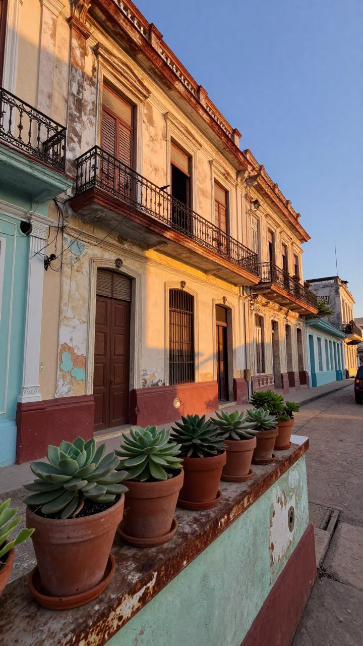 Havana Cuba honeyed evening light street scene with succulents and bicycle rack in in Havana, Cuba
