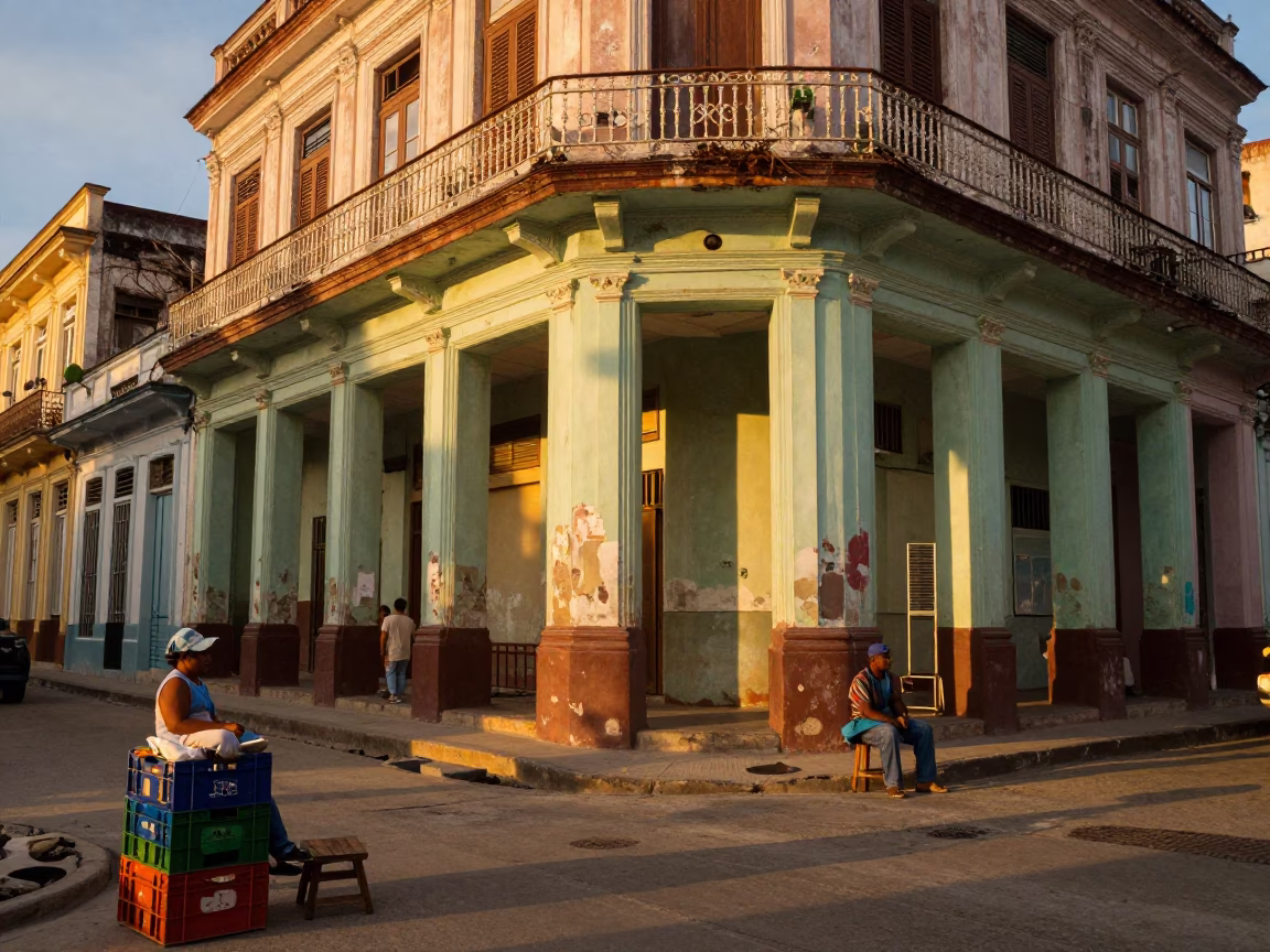 Havana Cuba honeyed evening street scene with painted crate and apron in in Havana, Cuba