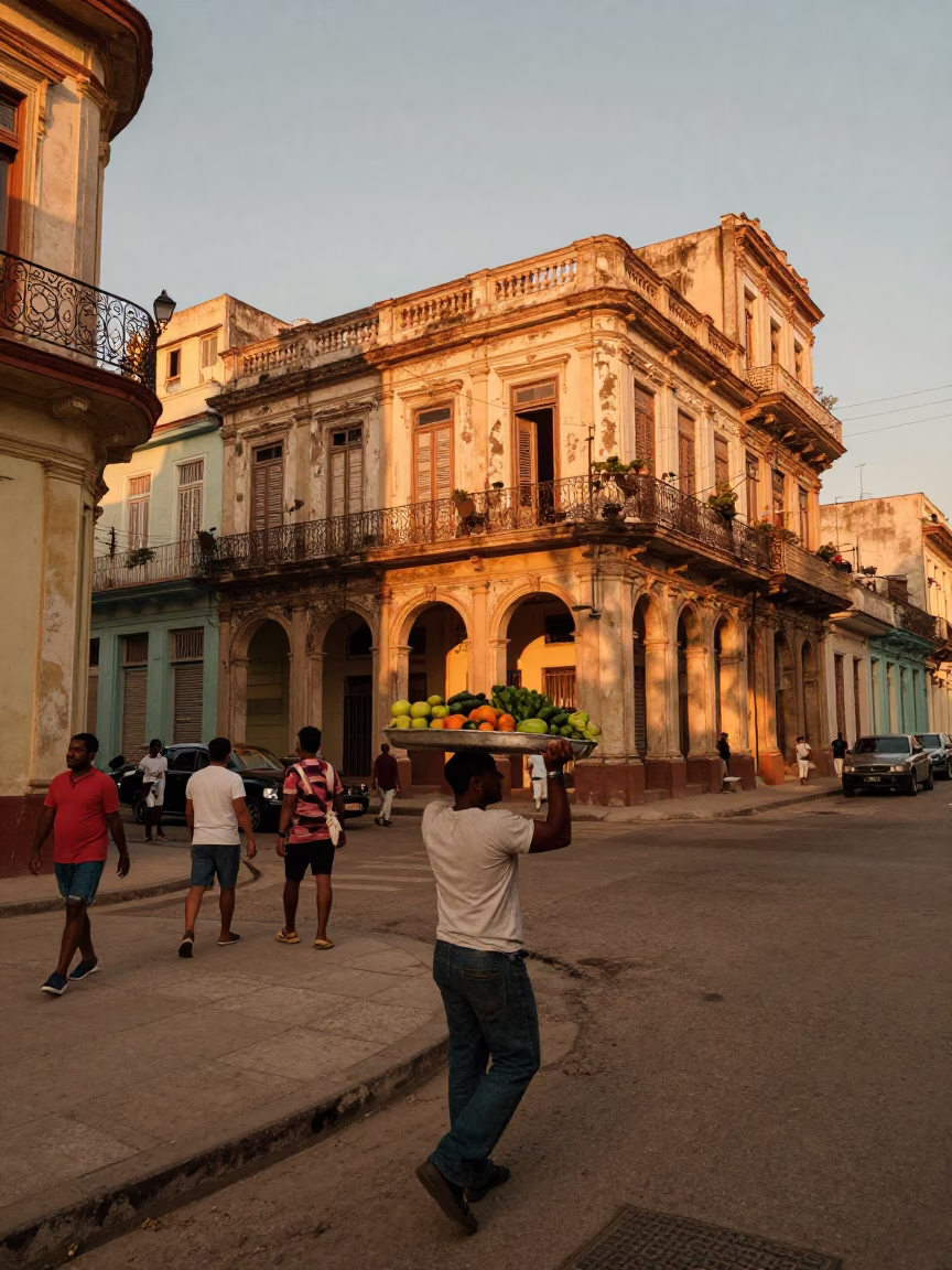 Havana Cuba Honeyed Evening Street Scene with Vintage Details and Local Life in in Havana, Cuba
