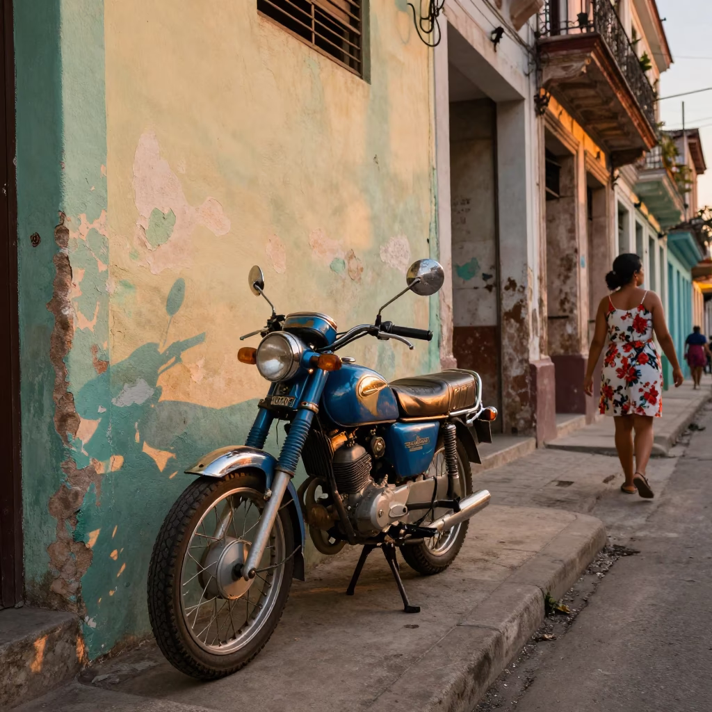 Havana Cuba honeyed evening street scene with vintage motorcycle and local daily life in in Havana, Cuba