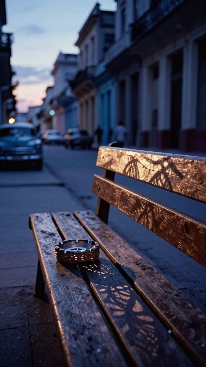 Havana Cuba indigo twilight street scene with ashtray and wicker shadow in in Havana, Cuba
