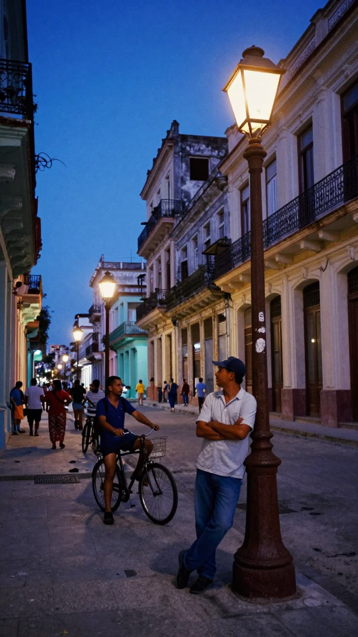 Havana Cuba indigo twilight street scene with bicycle and locals in in Havana, Cuba