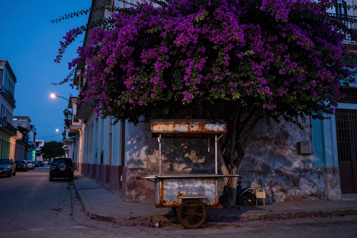 Havana Cuba indigo twilight street scene with bougainvillea and rusted metal details in in Havana, Cuba