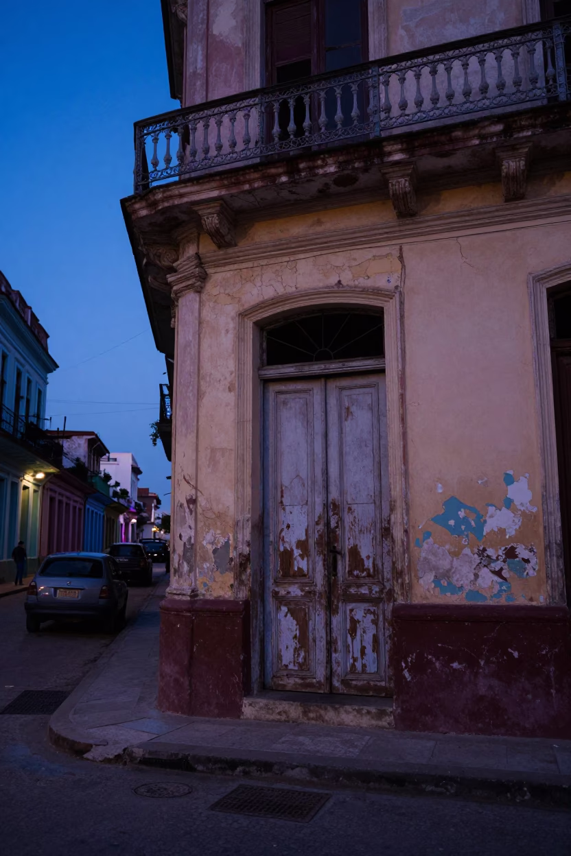Havana Cuba Indigo Twilight Street Scene with Faded Paint and Rusty Ironwork in in Havana, Cuba