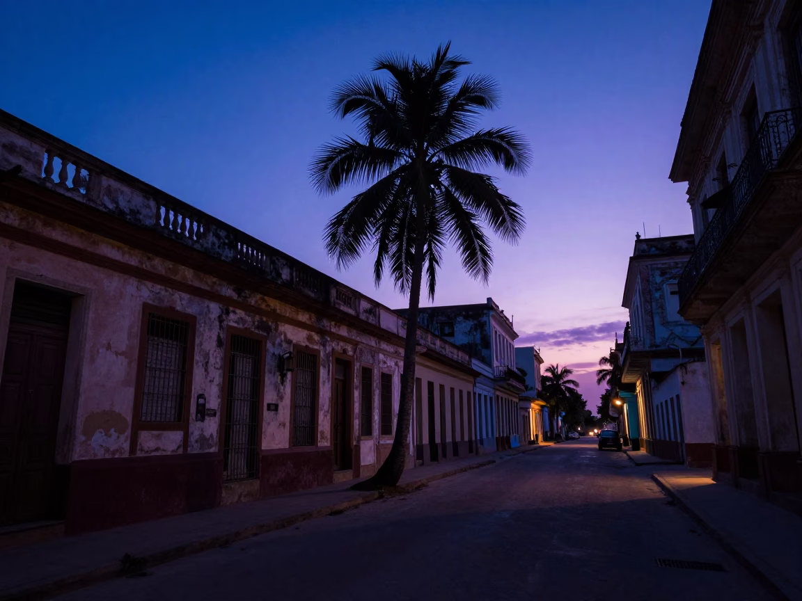 Havana Cuba indigo twilight street scene with palm tree silhouette and historic architecture in in Havana, Cuba