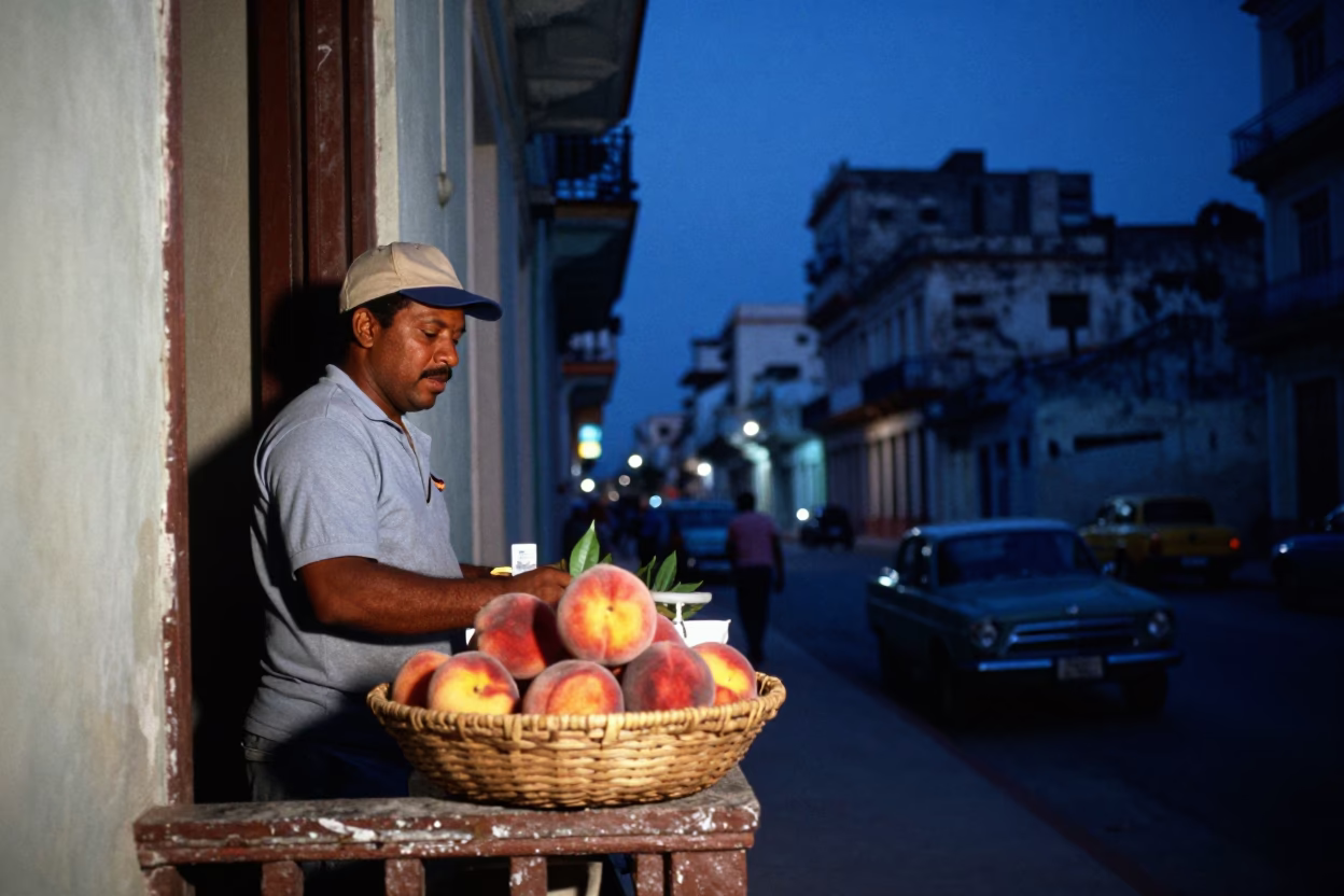 Havana Cuba indigo twilight street scene with peaches and spice tins on weathered balcony in in Havana, Cuba