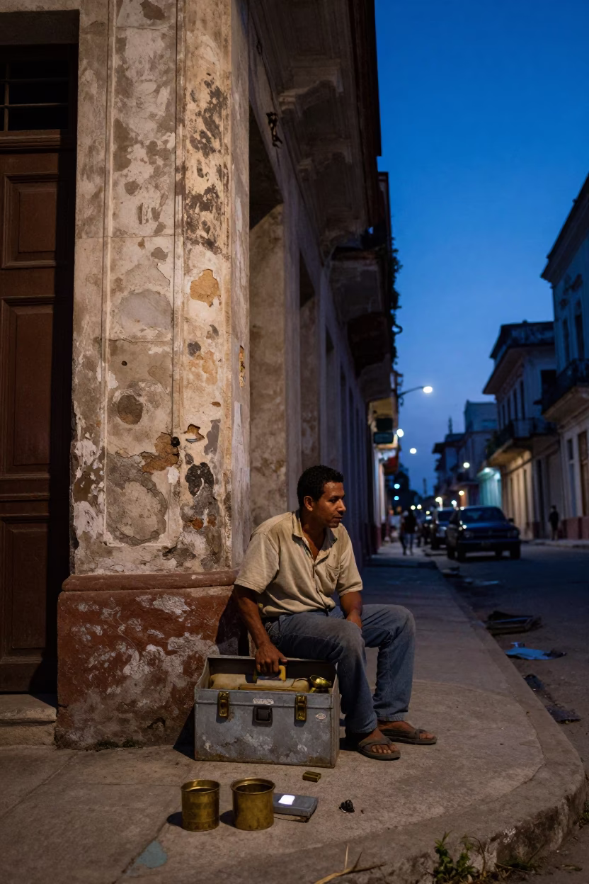 Havana Cuba Indigo Twilight Street Scene With Toolbox And Brass Rung in in Havana, Cuba