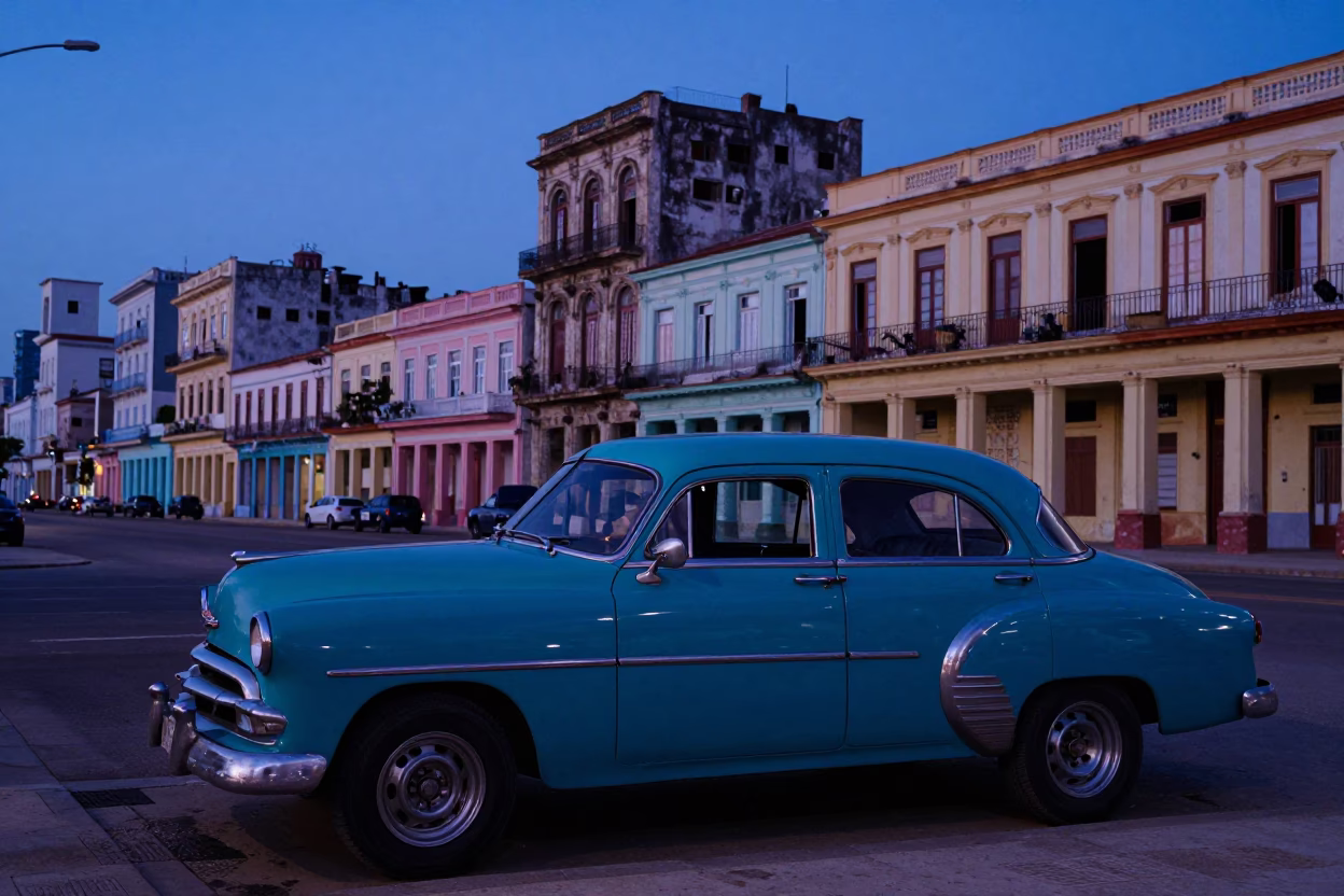 Havana Cuba Indigo Twilight Street Scene with Vintage Car and Local Life in in Havana, Cuba