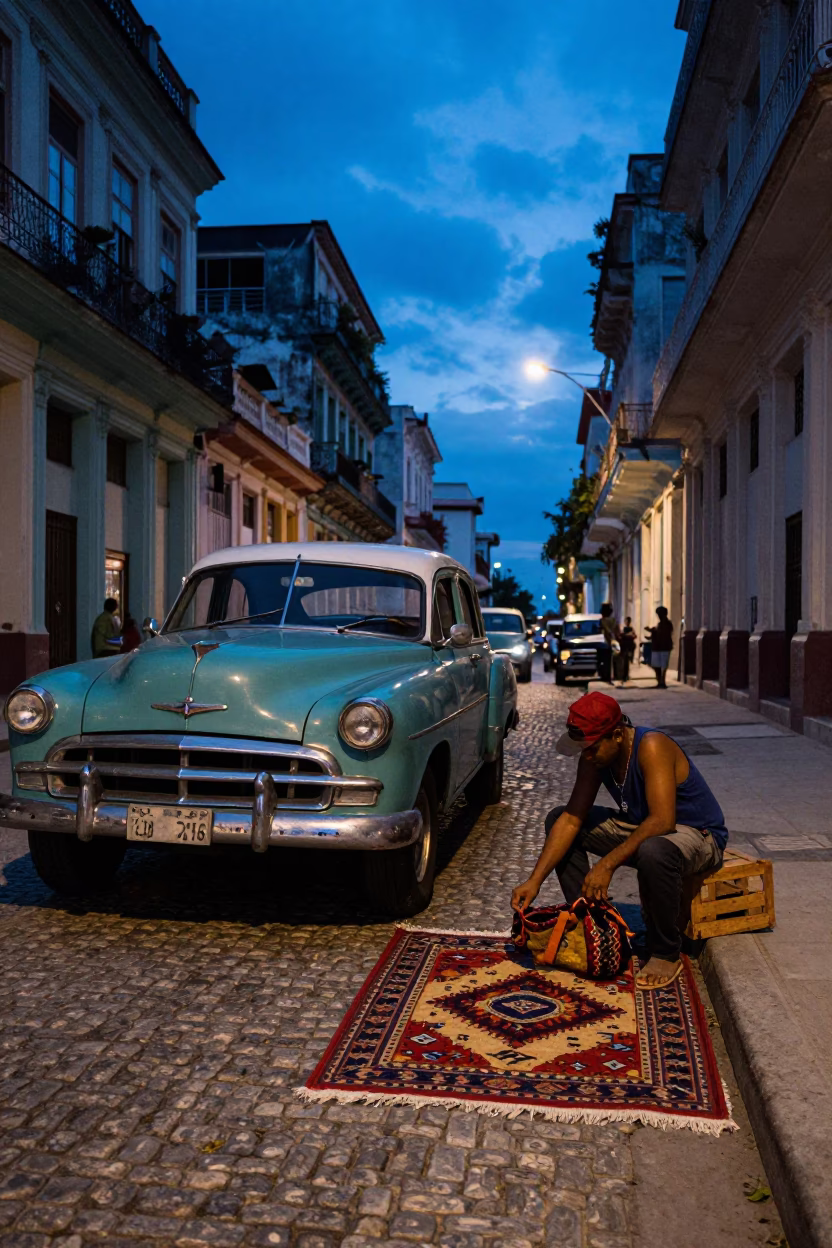 Havana Cuba indigo twilight street scene with vintage car and patterned rug in in Havana, Cuba