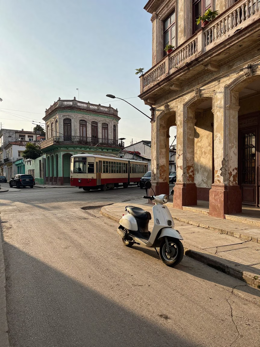 Havana Cuba Late Afternoon Street Scene with Funicular and Scooter Traffic in in Havana, Cuba