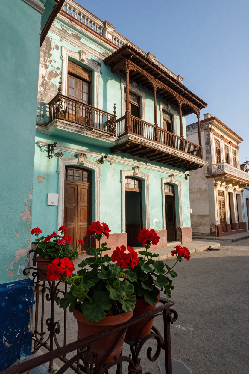Havana Cuba Late Afternoon Street Scene with Potted Geraniums and Weathered Architecture in in Havana, Cuba
