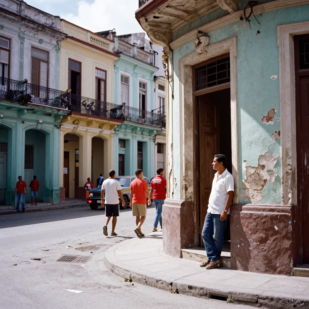 Havana Cuba midday street scene with crumbling colonial architecture and daily life in in Havana, Cuba