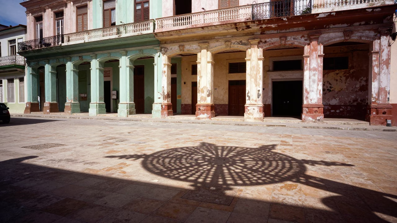 Havana Cuba Midday Street Scene with Wicker Shadow on Tile and Crumbling Weather Station in in Havana, Cuba