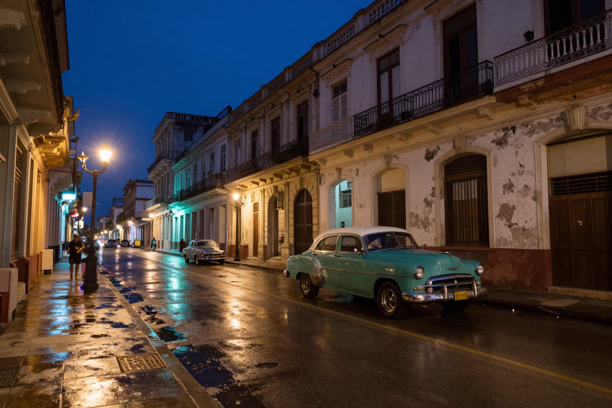 Havana Cuba Midnight Street Scene with Vintage Car and Candelabra Light in in Havana, Cuba