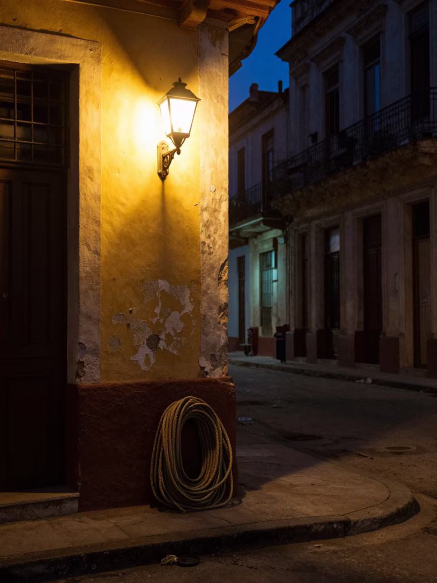 Havana Cuba Midnight Street Scene With Wall Sconce And Coiled Rope in in Havana, Cuba