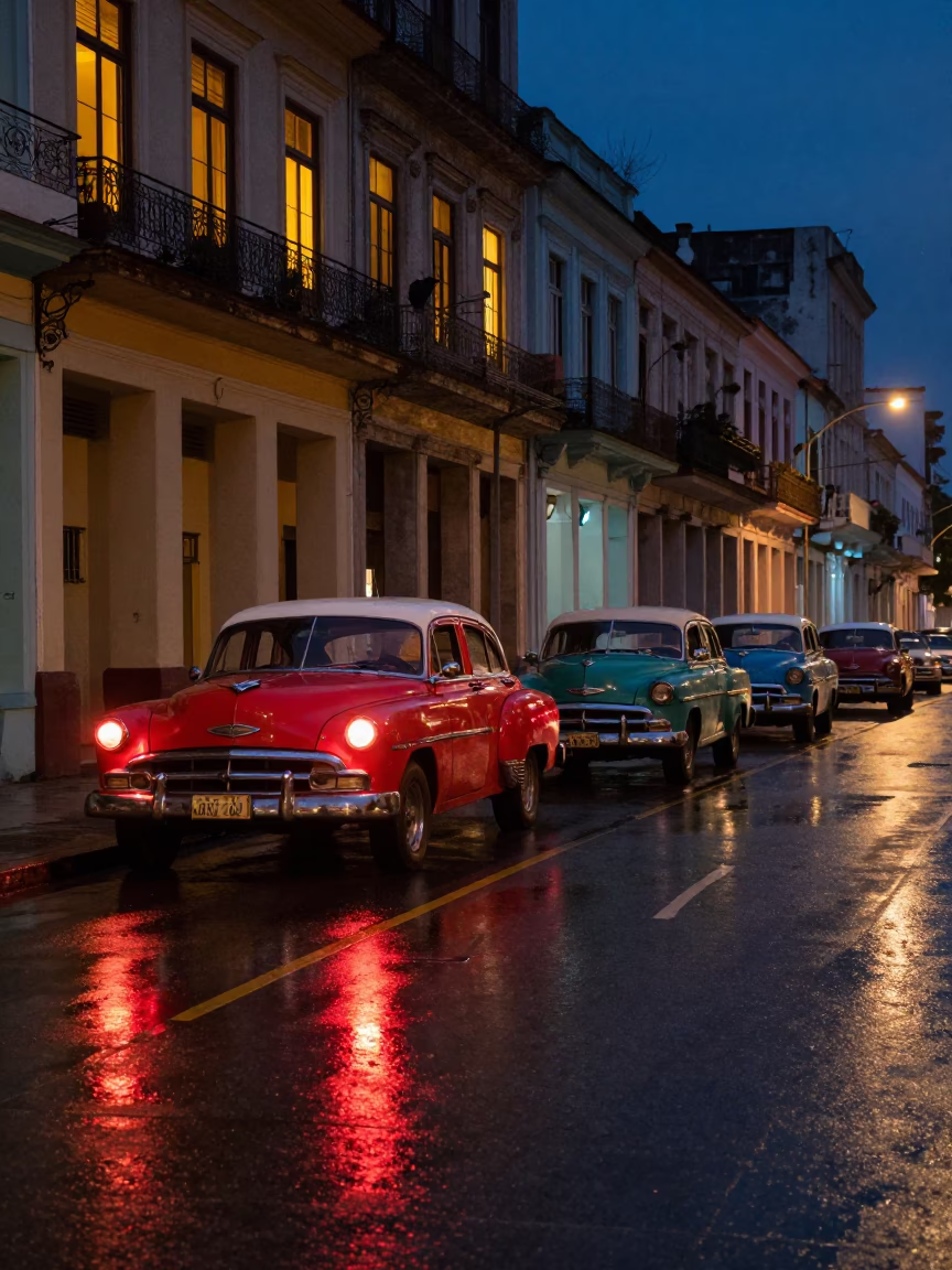 Havana Cuba Midnight Street Scene with Wet Asphalt Reflections and Classic Car Tail Lights in in Havana, Cuba
