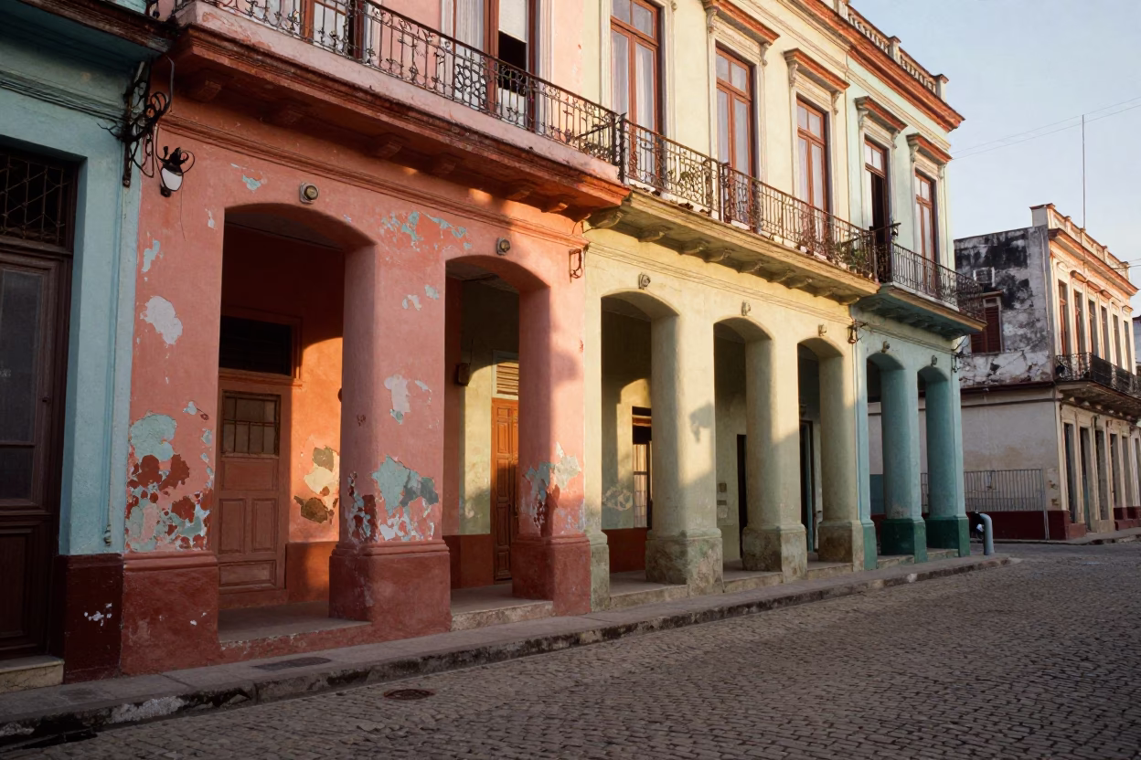 Havana Cuba Morning Light on Colorful Peeling Colonial Facade and Street Scene in in Havana, Cuba