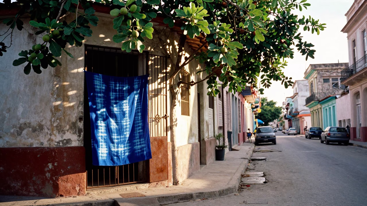 Havana Cuba Morning Street Scene with Indigo Fabric and Fig Tree in in Havana, Cuba