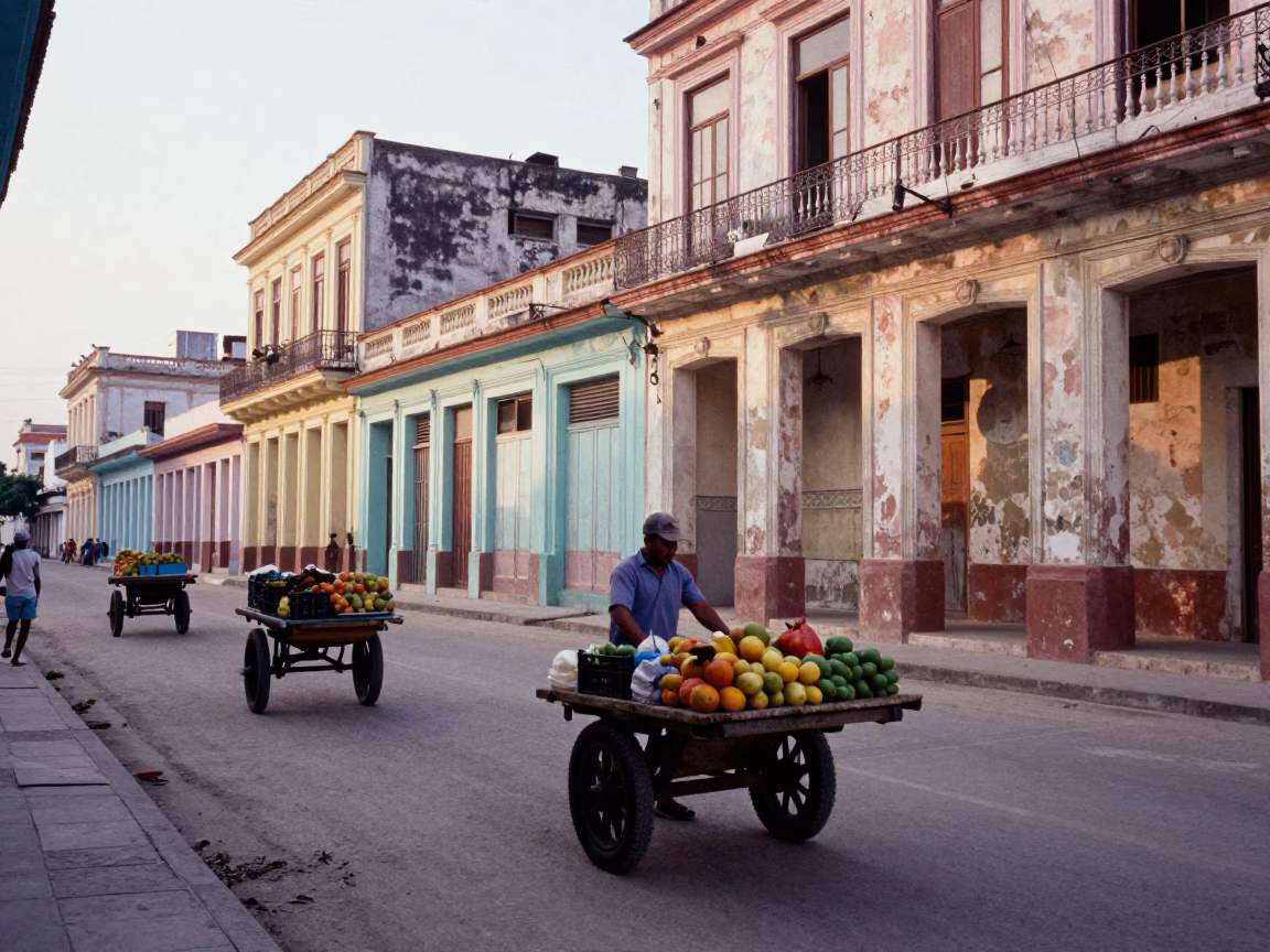 Havana Cuba Morning Street Scene with Rolling Carts and Peeling Colonial Architecture in in Havana, Cuba