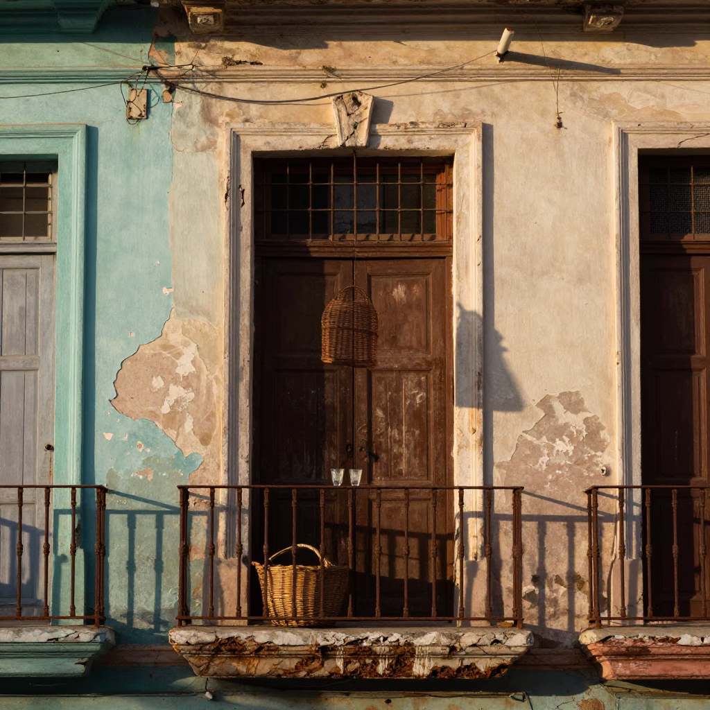 Havana Cuba Morning Street Scene with Wicker Basket and Glass Jar on Balcony in in Havana, Cuba
