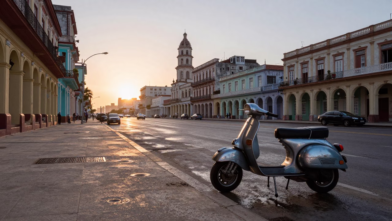 Havana Cuba Nautical Dawn Street Photography with Scooter and Perforated Metal Overpass in in Havana, Cuba