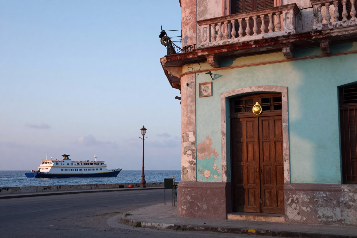 Havana Cuba Nautical Dawn Street Scene with Catamaran Ferry and Brass Escutcheon in in Havana, Cuba