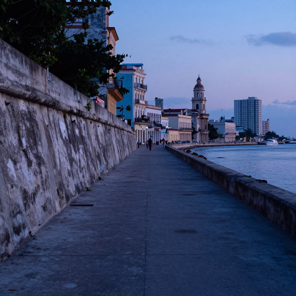 Havana Cuba Nautical Dawn Street Scene with Levee Path and Local Life in in Havana, Cuba