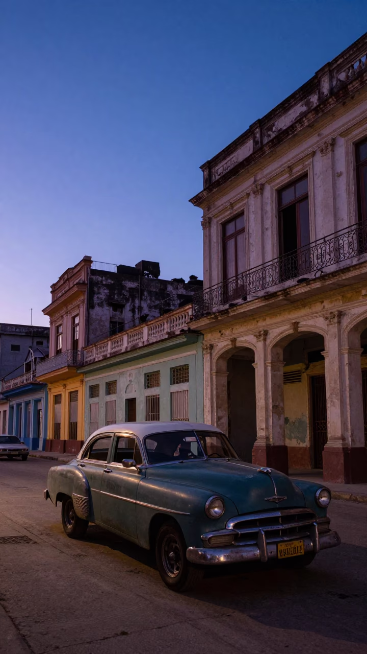 Havana Cuba Nautical Dawn Street Scene with Vintage Car and Grease Sheen in in Havana, Cuba
