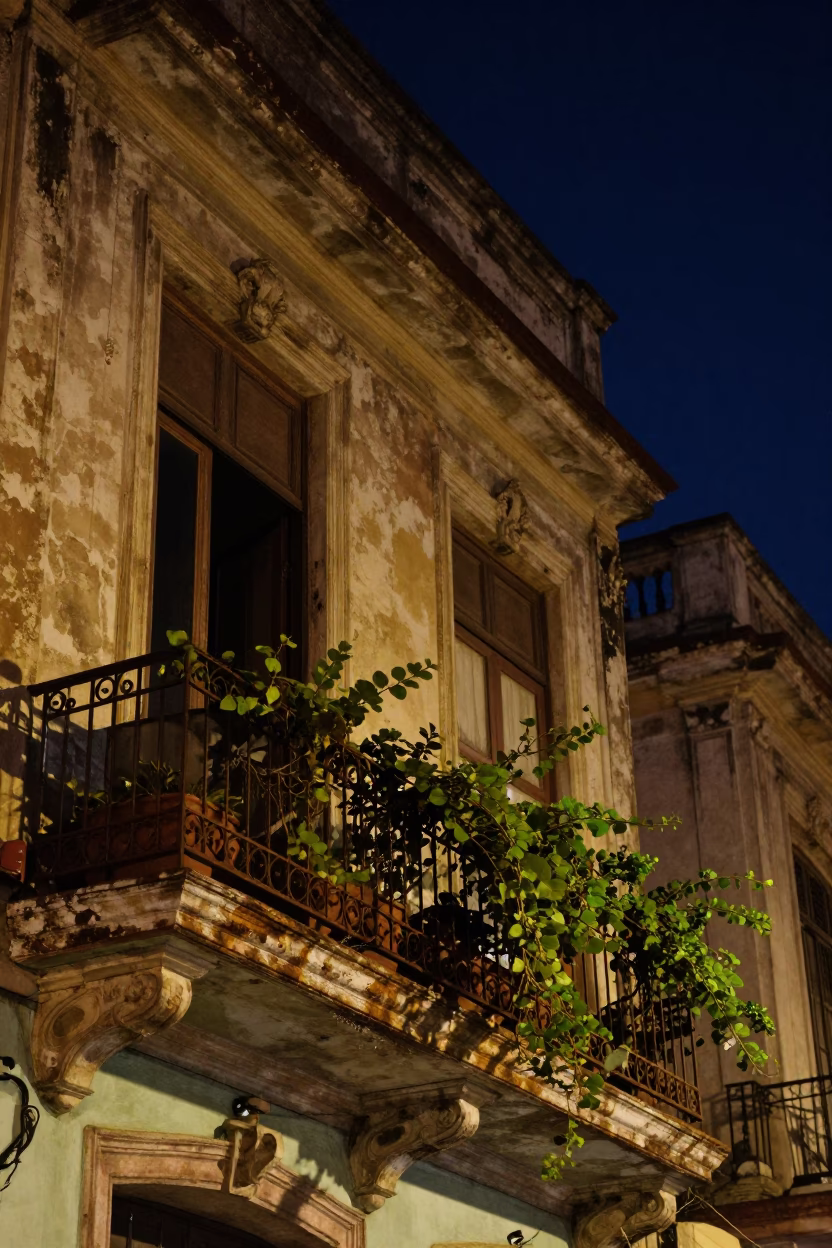 Havana Cuba Night Scene with Window Box and Safety Razor on Balcony in in Havana, Cuba