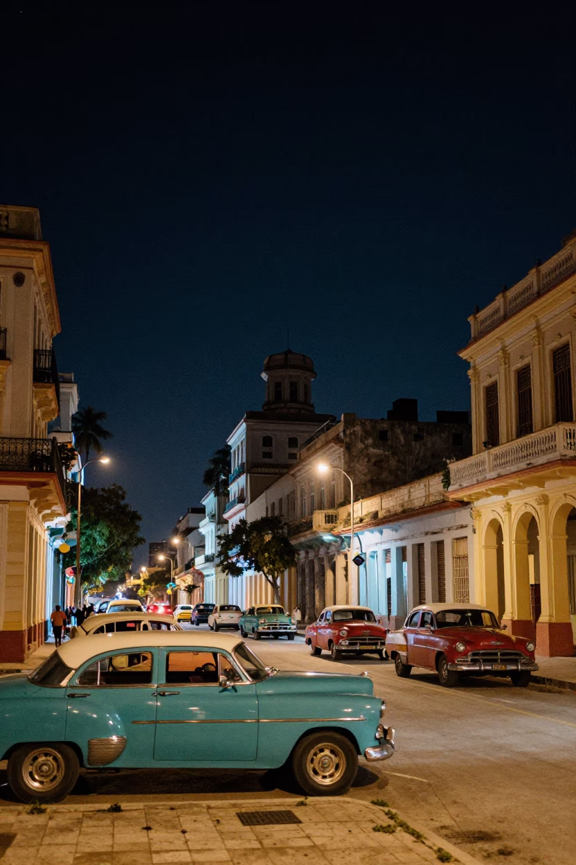 Havana Cuba Night Skyline Street Scene with Classic Cars and Neon Lights in in Havana, Cuba