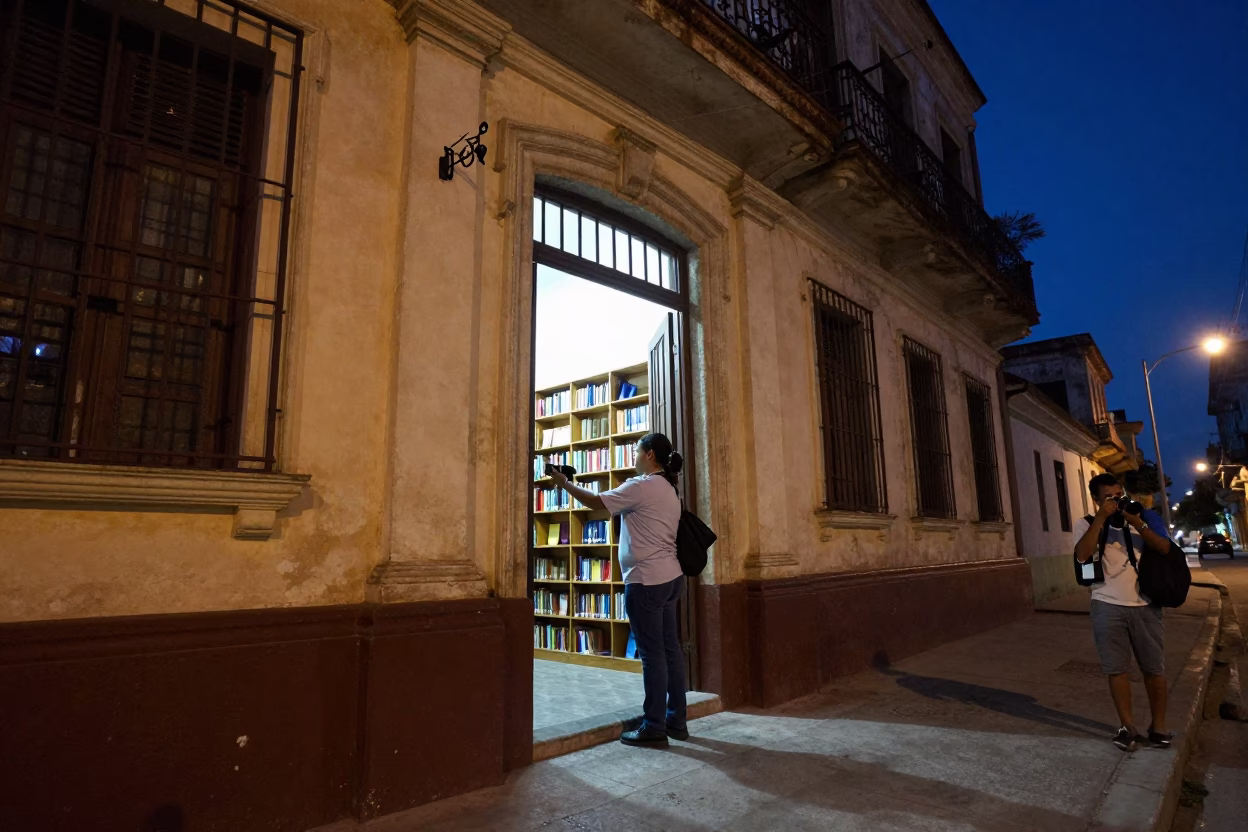 Havana Cuba Night Street Scene With Teacher Unlocking School Library Before Sunrise in in Havana, Cuba