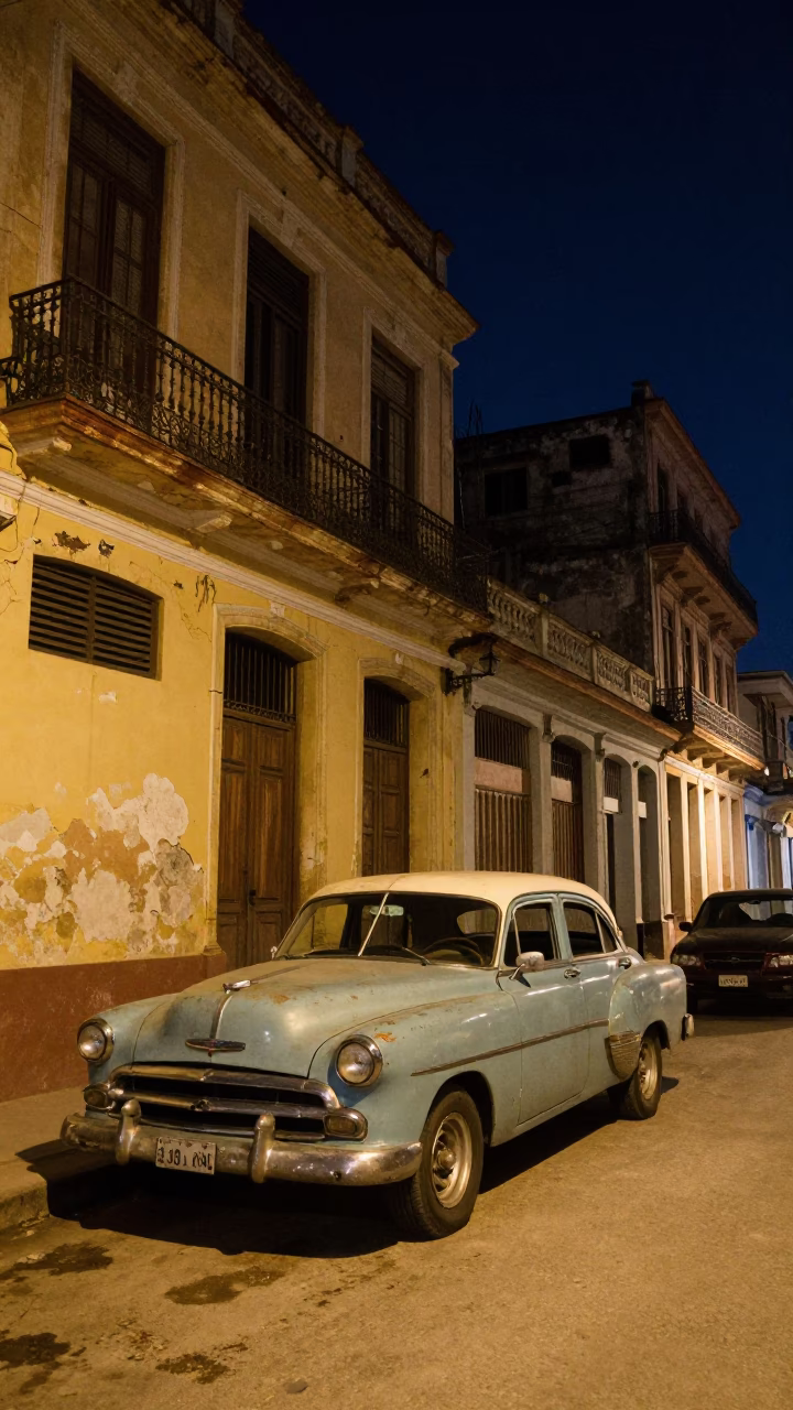 Havana Cuba Night Street Scene with Vintage Car and Local Vendor in in Havana, Cuba