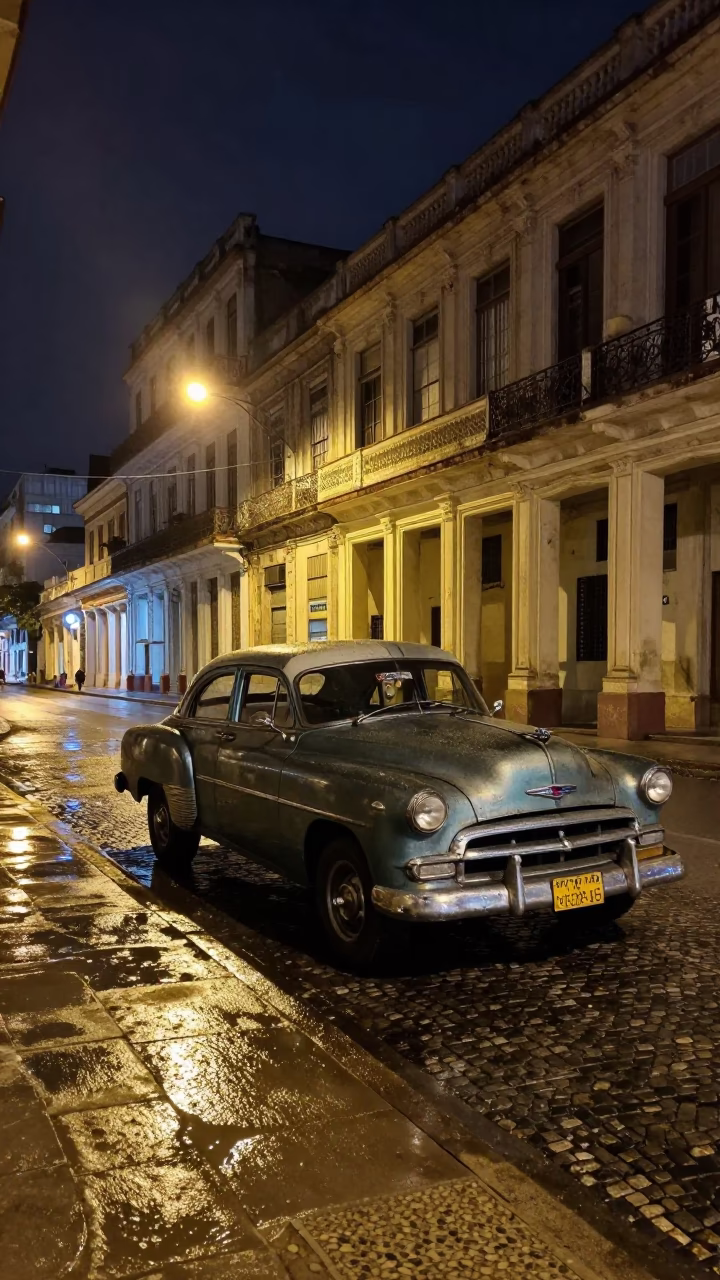 Havana Cuba Night Street Scene with Vintage Car and Wet Pavement Reflections in in Havana, Cuba