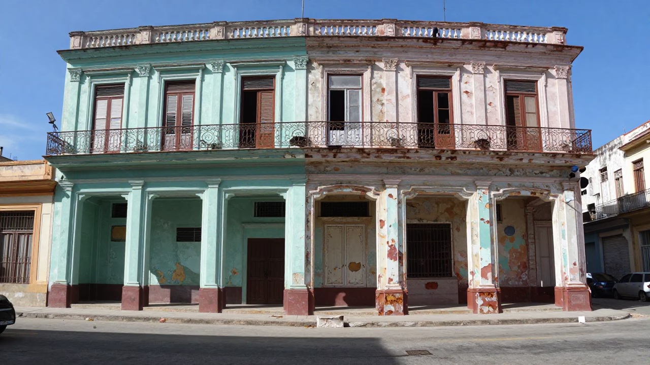 Havana Cuba Noon Light Peeling Paint and Rusted Metal on Malecon Street Corner in in Havana, Cuba