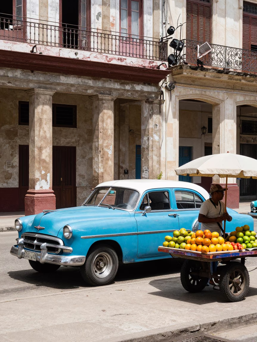Havana Cuba Noon Street Scene With Colorful Vintage Cars And Local Market Activity in in Havana, Cuba