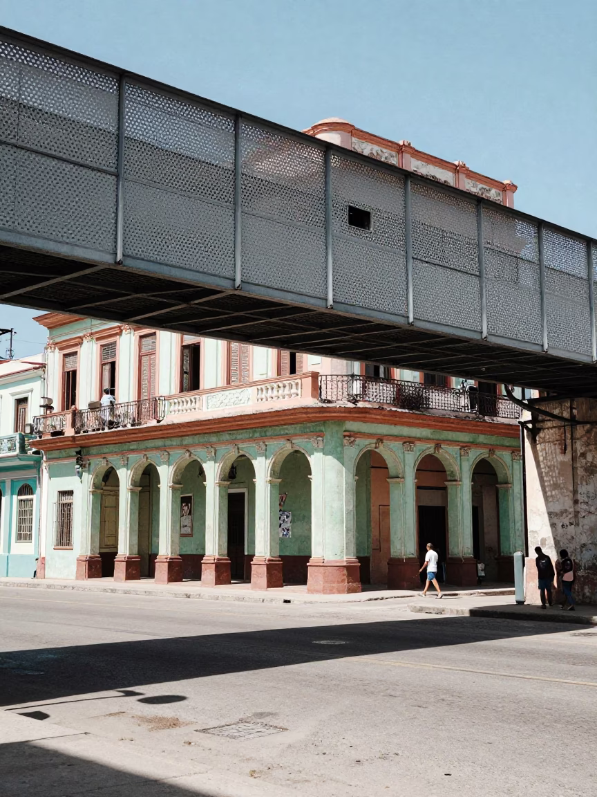 Havana Cuba noon street scene with perforated metal overpass and wet footsteps in in Havana, Cuba