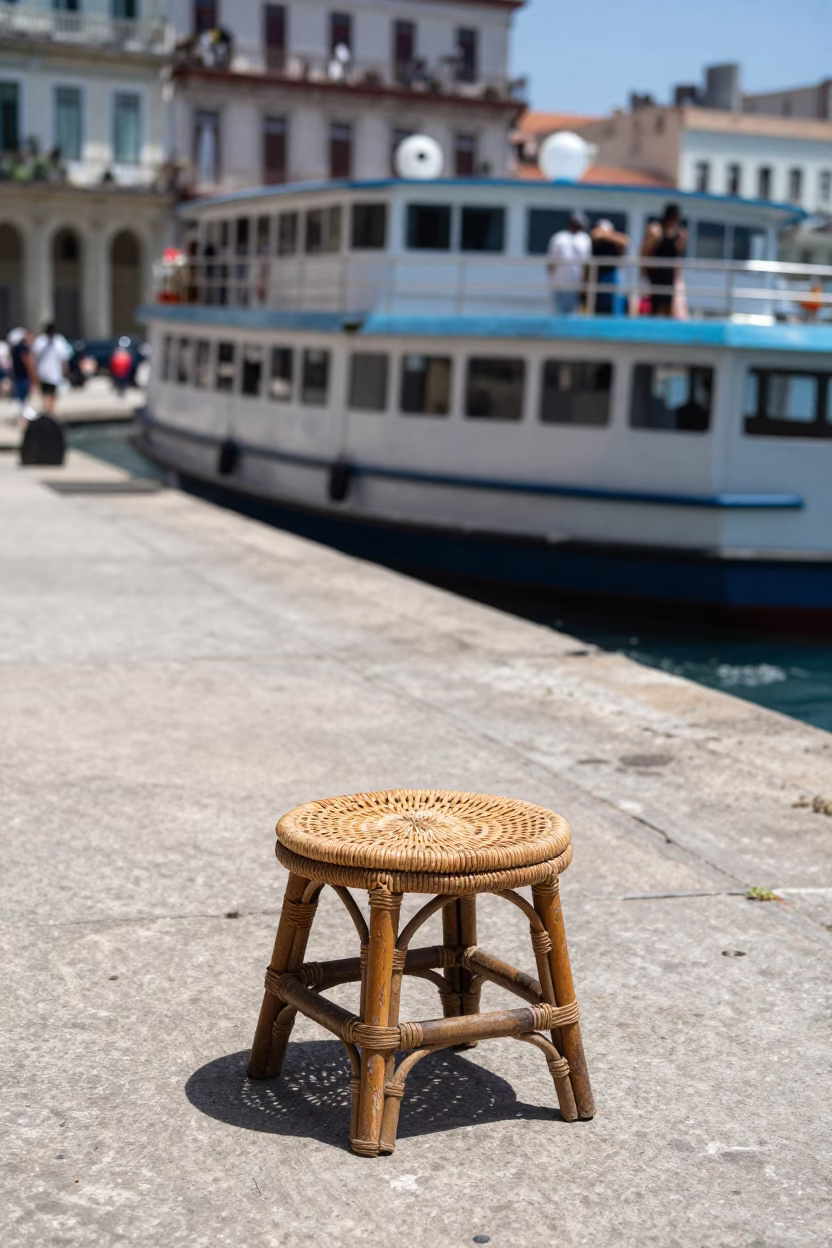 Havana Cuba Noon Street Scene with Rattan Stool and Ferry Dock Background in in Havana, Cuba