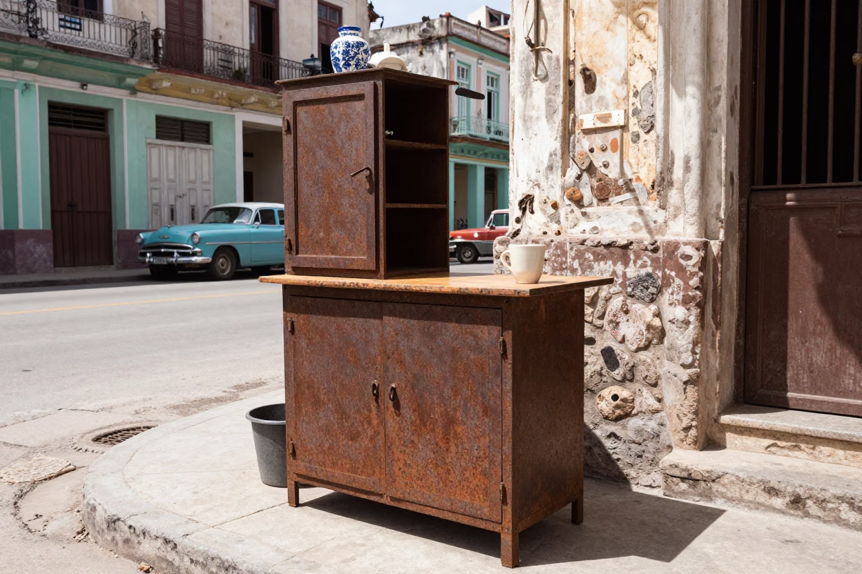 Havana Cuba Noon Street Scene with Rusty Cabinet and Ceramic Cup in in Havana, Cuba