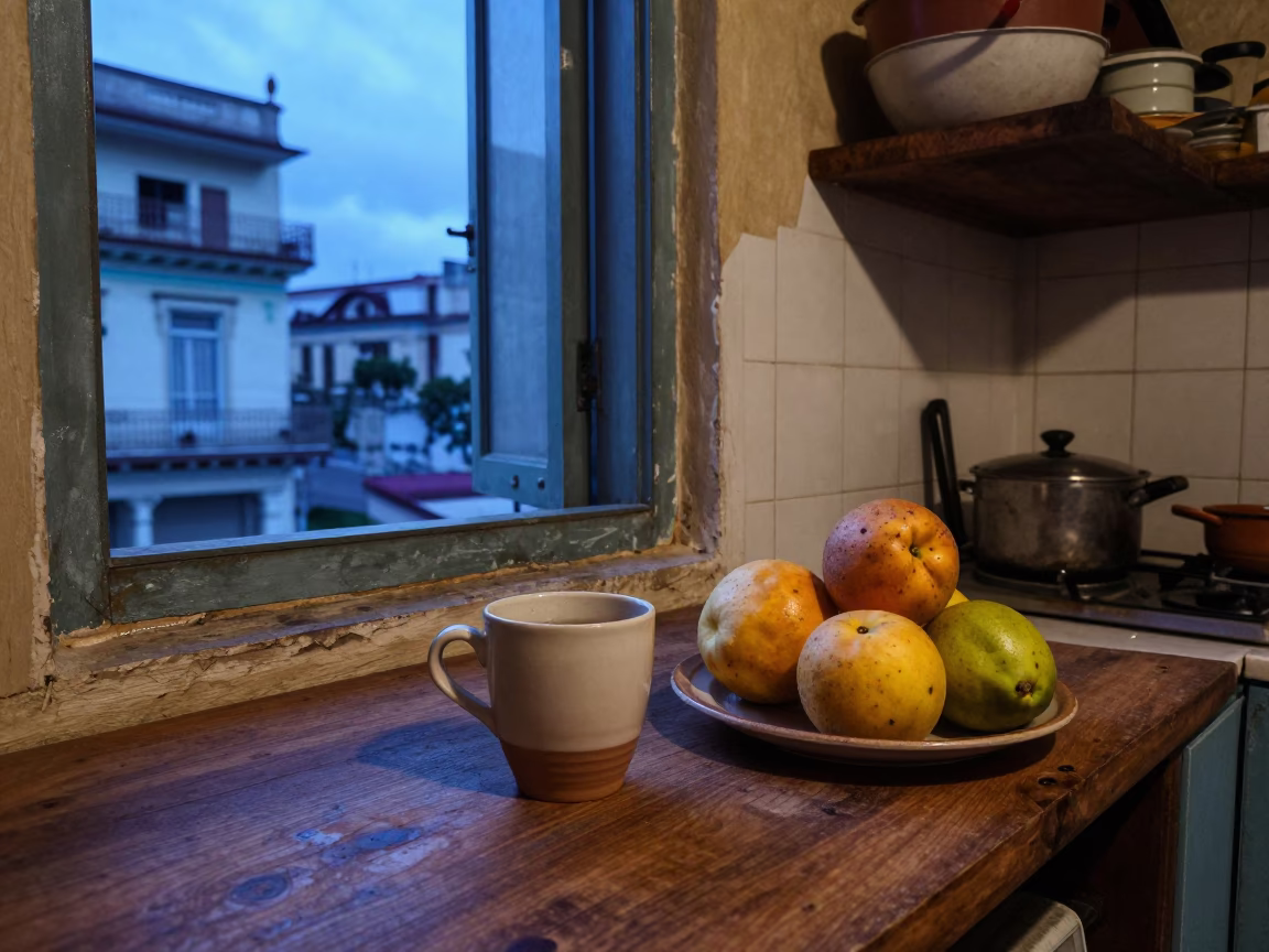 Havana Cuba Pre-Dawn Kitchen Scene With Ceramic Cup And Fruit in in Havana, Cuba